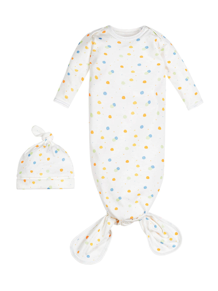 Blue Dots Knotted Gown & Beanie Set – Organic Cotton (0–3M)