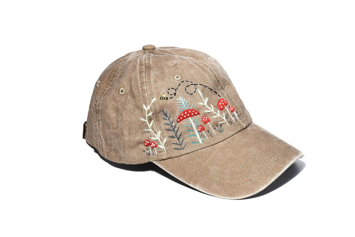 Mushroom Forest &amp; Bee Embroidered Baseball Cap