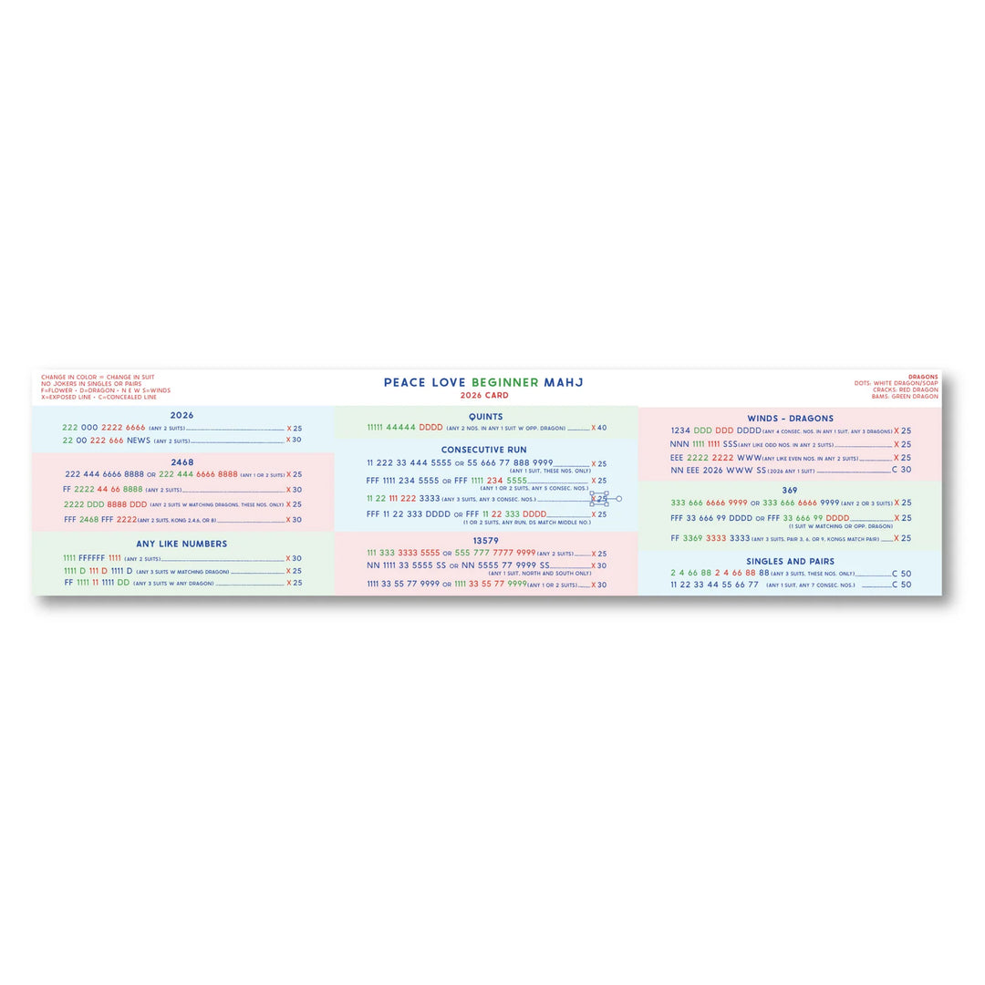 2026 Beginner Card by Peace Love Mahjong