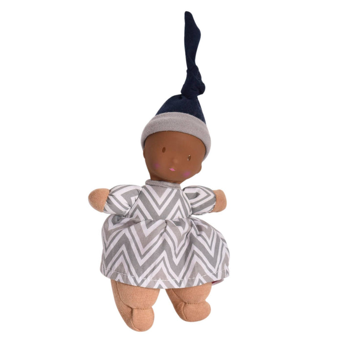 Dolls with Rubber Head - navy hat, chevron dress, dark skin