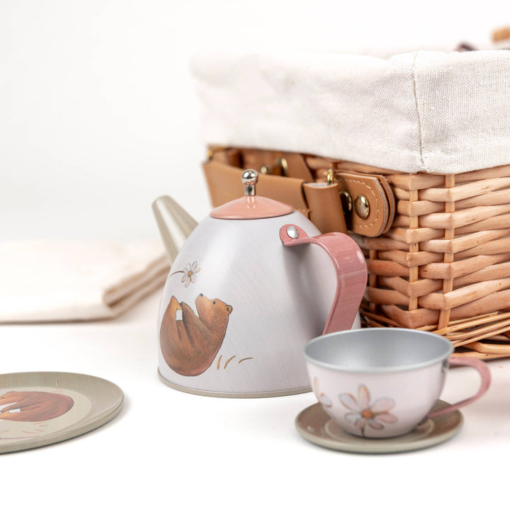 Forest Tin Tea Set In a Wicker Case