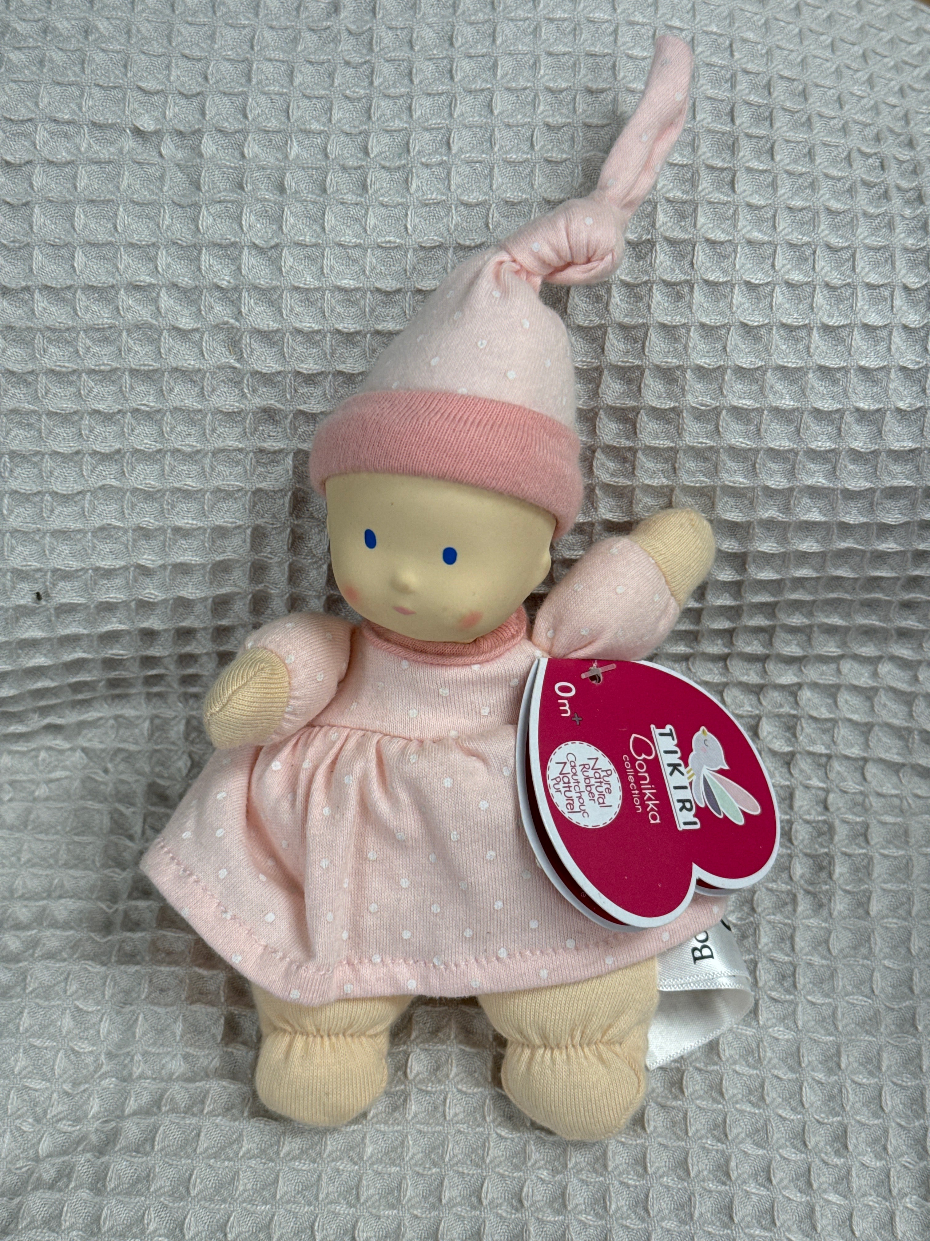 Dolls with Rubber Head - pink & white polka dot dress and hat, light skin