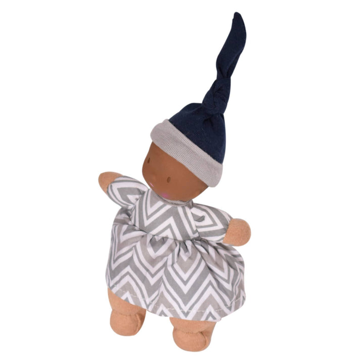 Dolls with Rubber Head - navy hat, chevron dress, dark skin