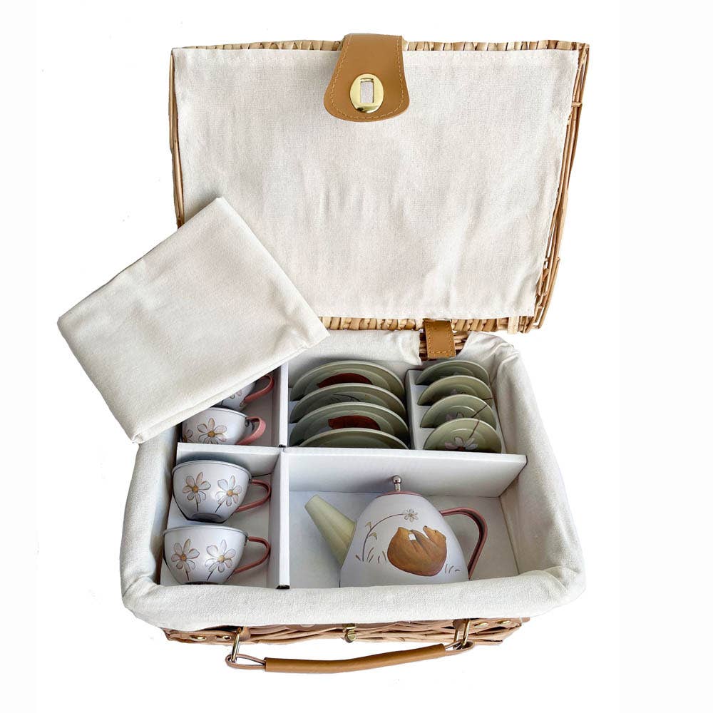 Forest Tin Tea Set In a Wicker Case