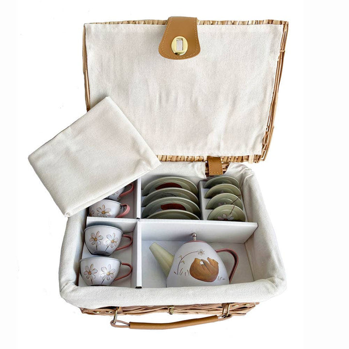 Forest Tin Tea Set In a Wicker Case