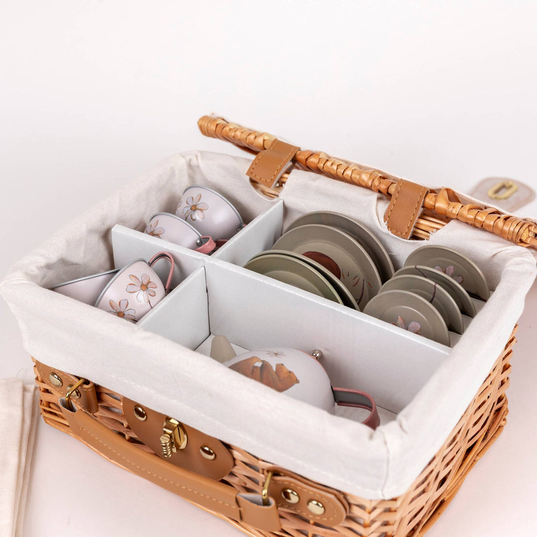 Forest Tin Tea Set In a Wicker Case