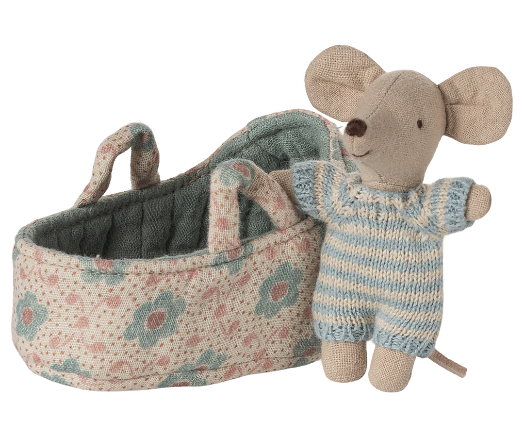 Baby Mouse in Carry Cot - Blue by Maileg
