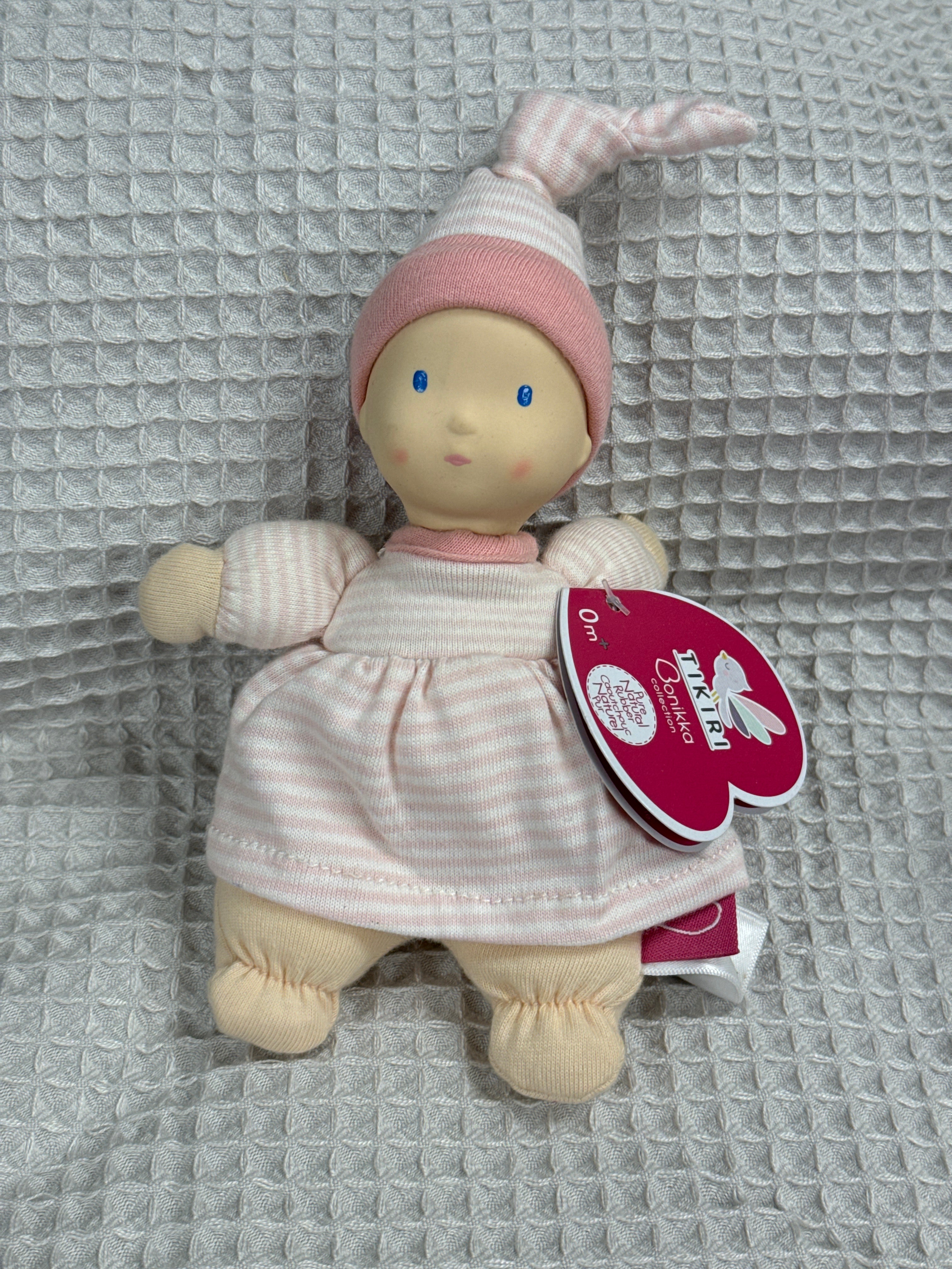 Dolls with Rubber Head - pink & white stripe dress and hat , light skin