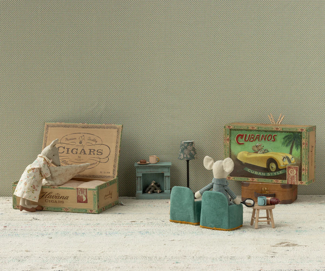Maileg Grandma and Grandpa Mice In Their Cigar Box Bed