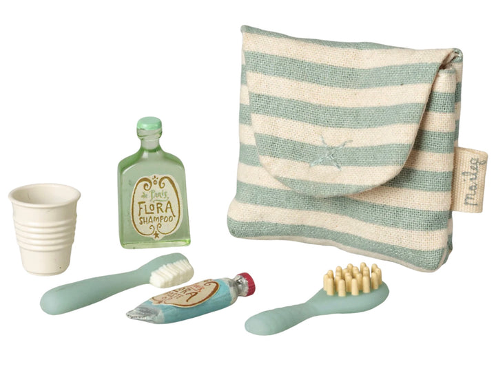 Maileg Toothbrush Set in Bag, Mouse - Blue Stripe