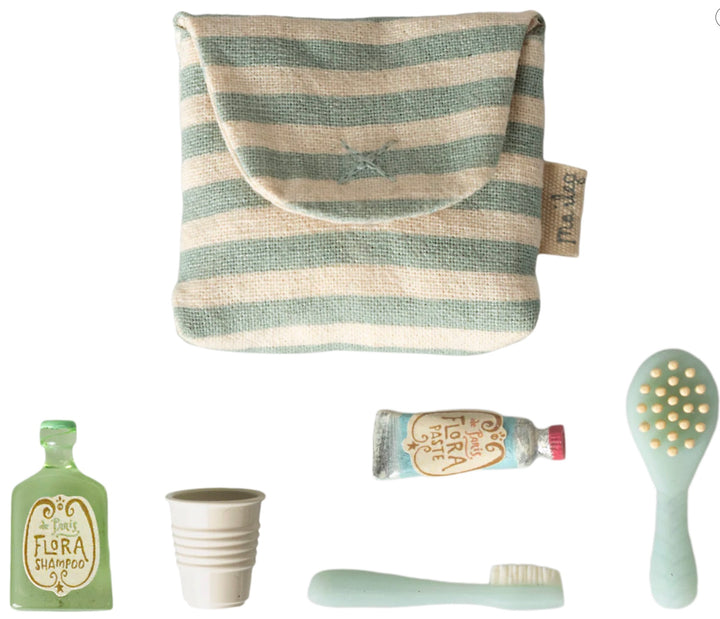 Maileg Toothbrush Set in Bag, Mouse - Blue Stripe