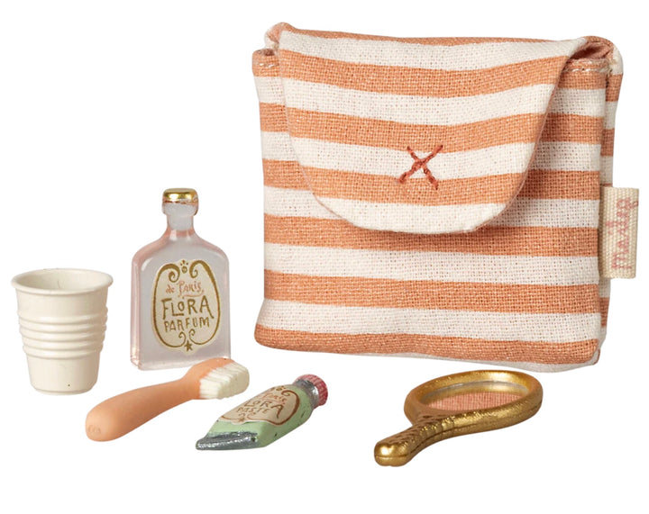 Maileg Toothbrush Set in Bag, Mouse - Coral (Red) Stripe