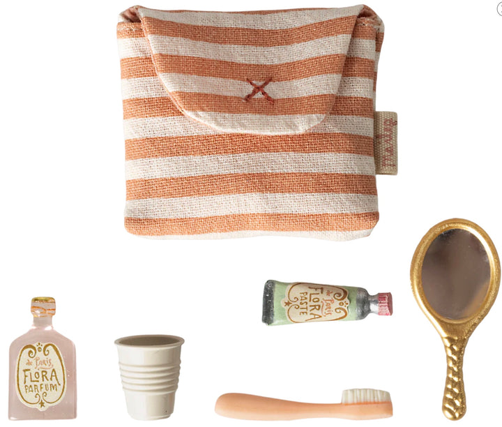 Maileg Toothbrush Set in Bag, Mouse - Coral (Red) Stripe
