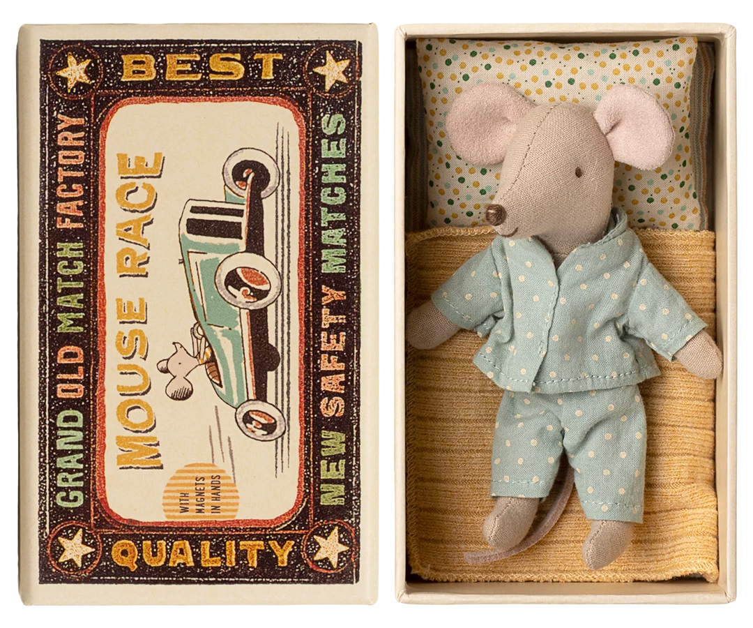 Maileg Little Brother Mouse in Box - blue pyjamas with white dots