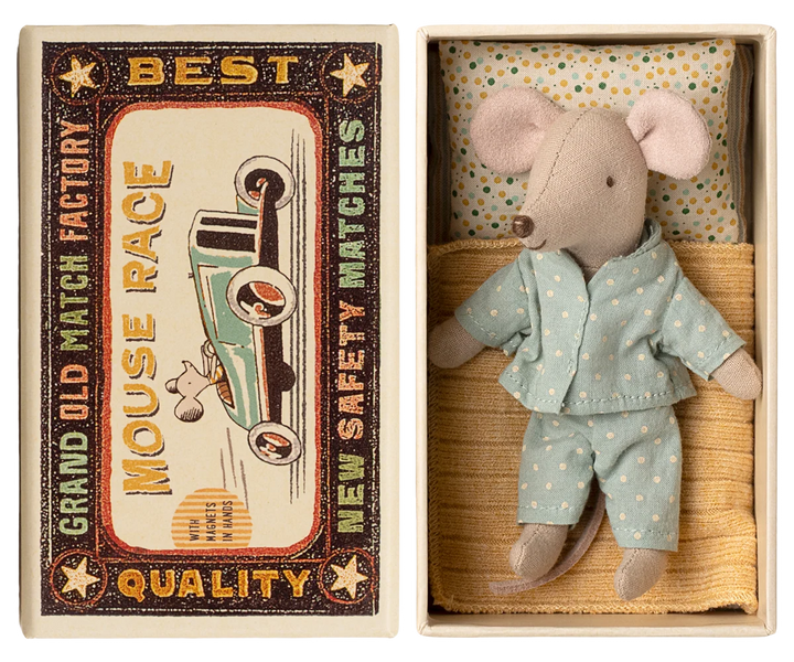 Maileg Little Brother Mouse in Box - blue pyjamas with white dots