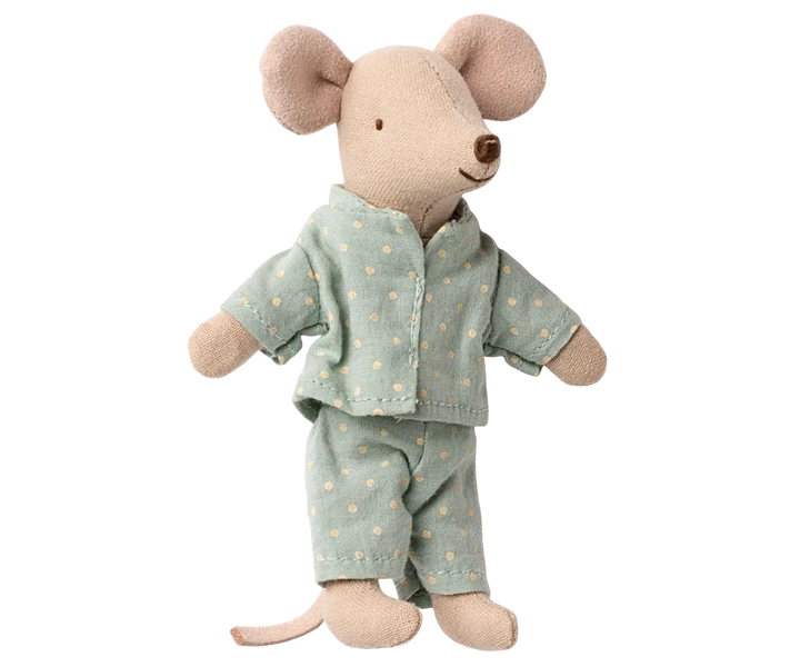 Maileg Little Brother Mouse in Box - blue pyjamas with white dots