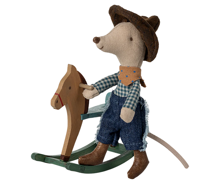 Cowboy Mouse on Rocking Horse, Little Brother - Maileg
