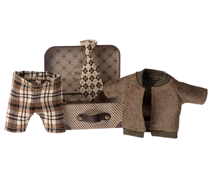 Maileg Jacket, Pants, and Tie in Suitcase for Grandpa Mouse