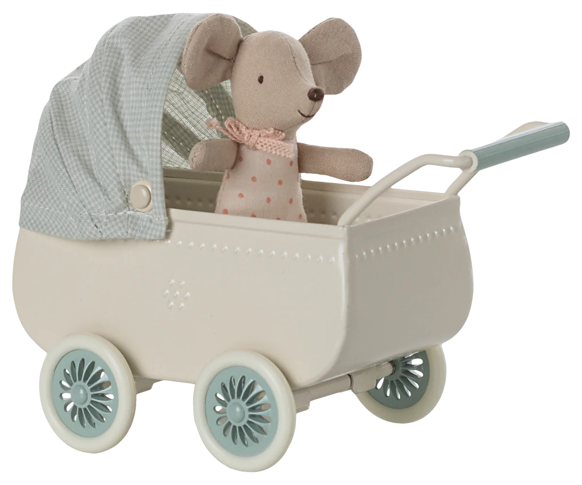 Maileg Pram with Baby Mouse (Mint)