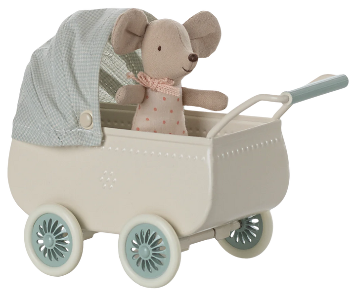 Maileg Pram with Baby Mouse (Mint)