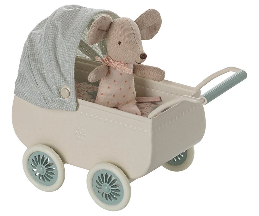 Maileg Pram with Baby Mouse (Mint)