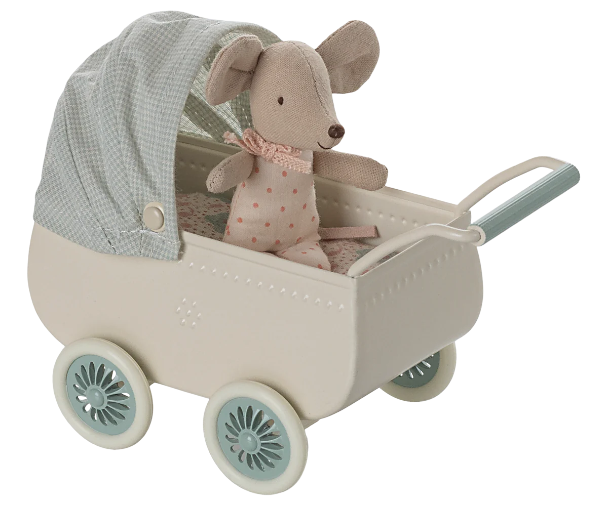 Maileg Pram with Baby Mouse (Mint)