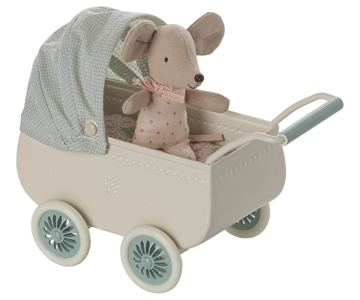 Maileg Pram with Baby Mouse (Mint)