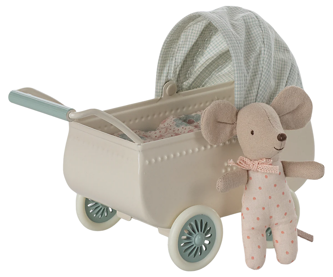 Maileg Pram with Baby Mouse (Mint)