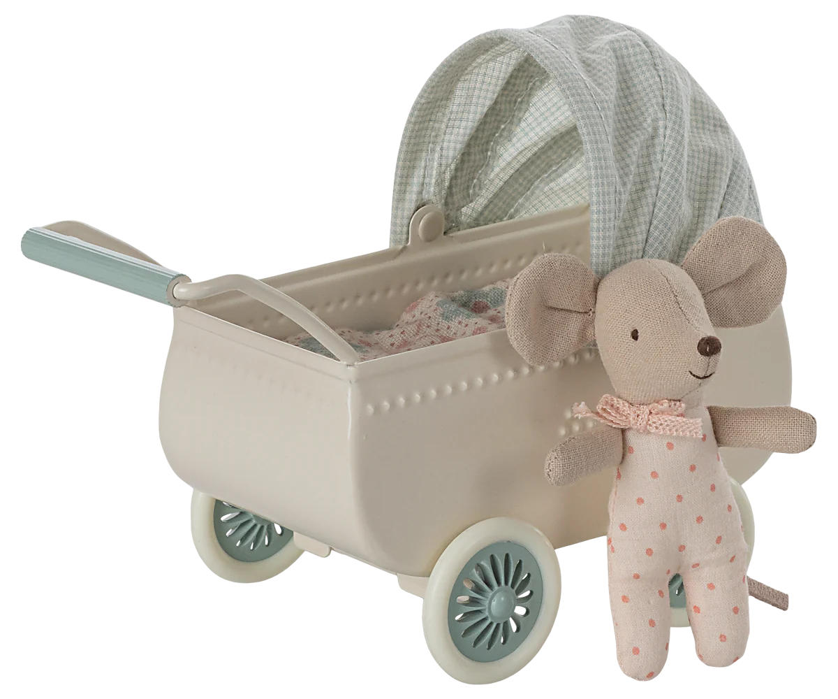 Maileg Pram with Baby Mouse (Mint)