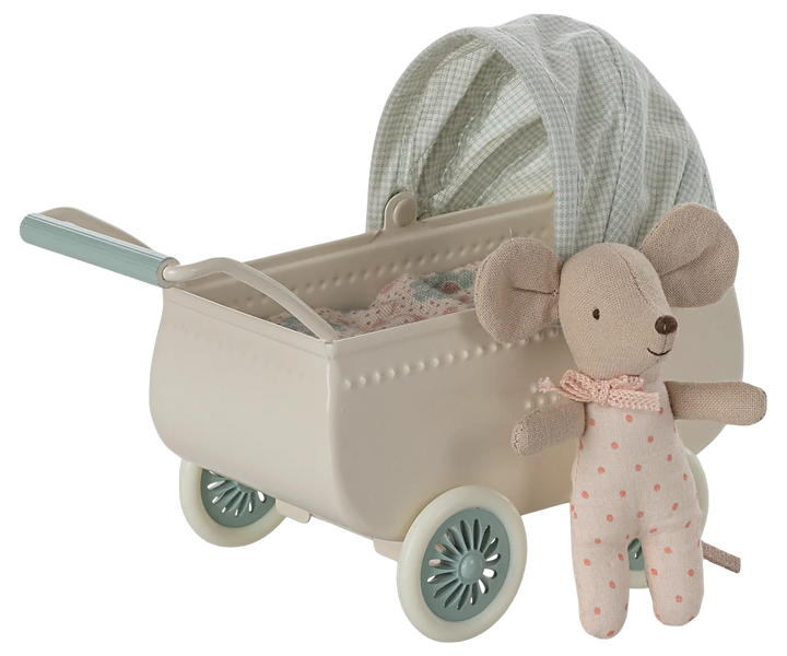 Maileg Pram with Baby Mouse (Mint)