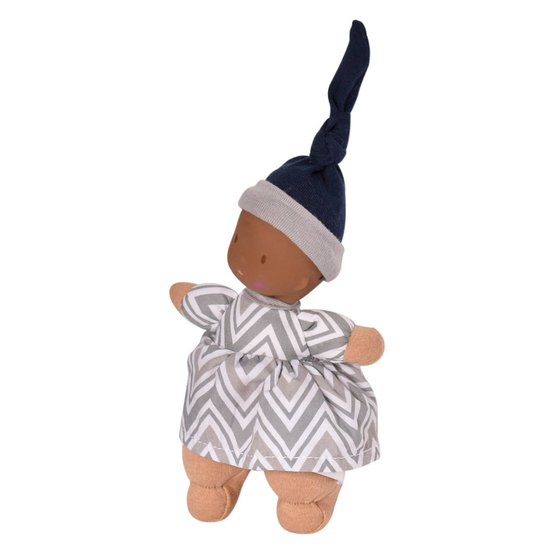Dolls with Rubber Head - navy hat, chevron dress, dark skin