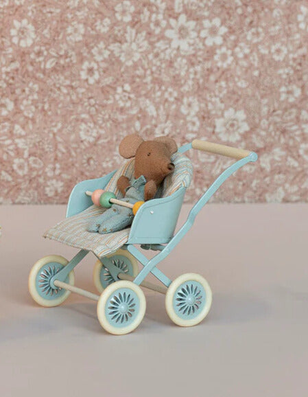 Maileg Stroller, Baby Mice - Blue