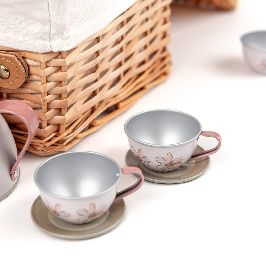 Forest Tin Tea Set In a Wicker Case