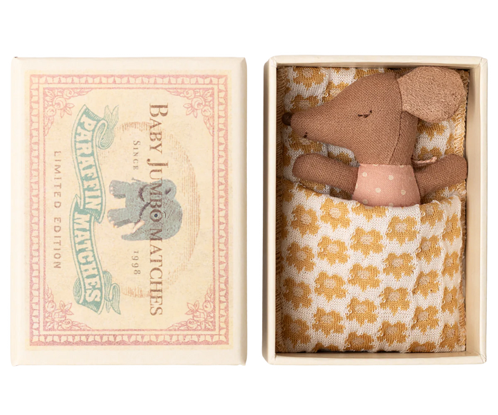 Maileg — Sleepy Wakey Baby Mouse in Matchbox (Rose)