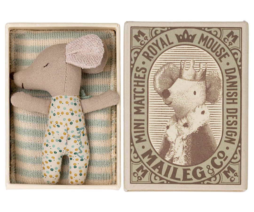 Maileg Sleepy Wakey, Baby Mouse In Matchbox -  Blue Striped Bed