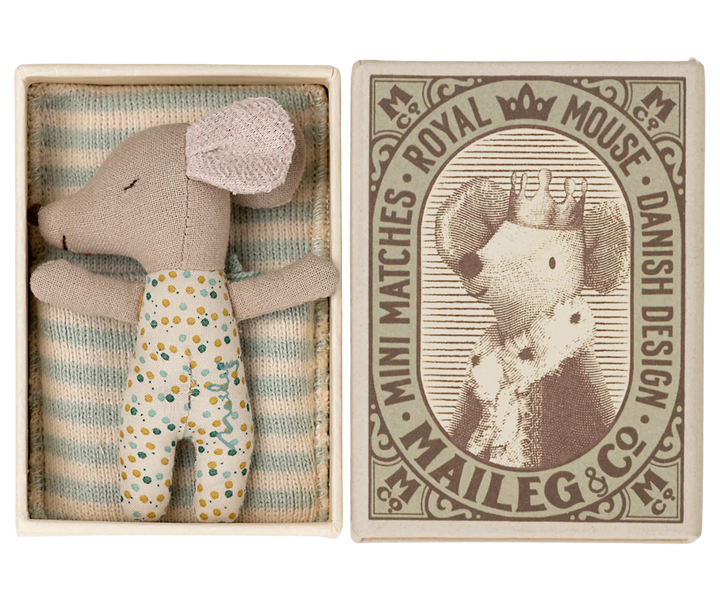 Maileg Sleepy Wakey, Baby Mouse In Matchbox -  Blue Striped Bed