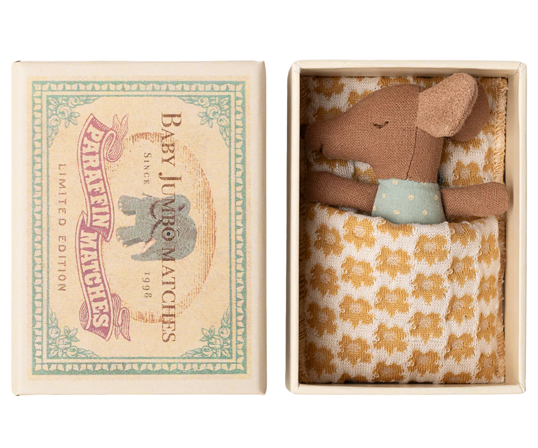 Maileg Sleepy Wakey, Baby Mouse In Matchbox -  Blue, Yellow Floral Bed